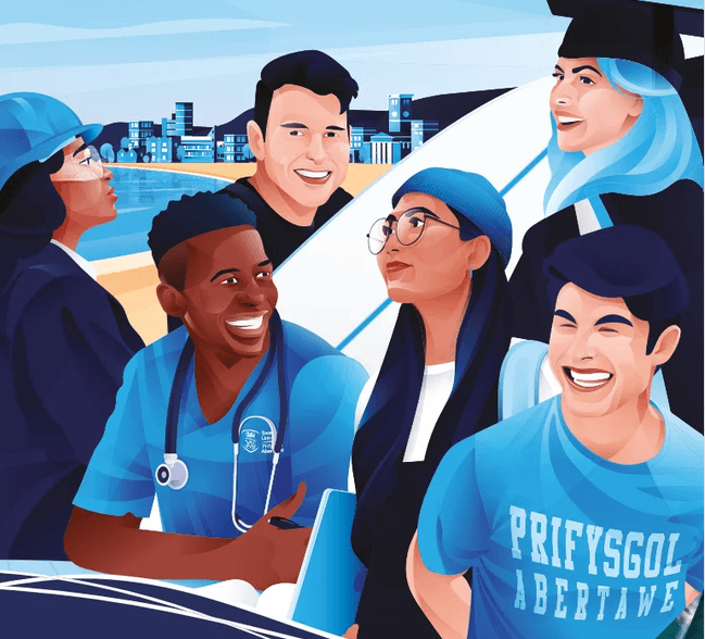 Graphic of two students in graduation cloaks looking over Swansea Skyline